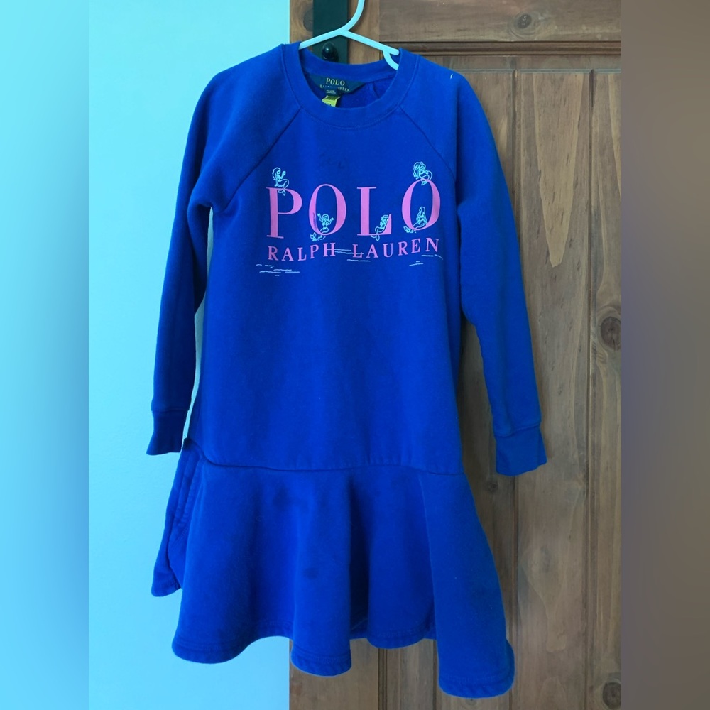 Polo crewneck sweatshirt dress blue and pink girls size 7